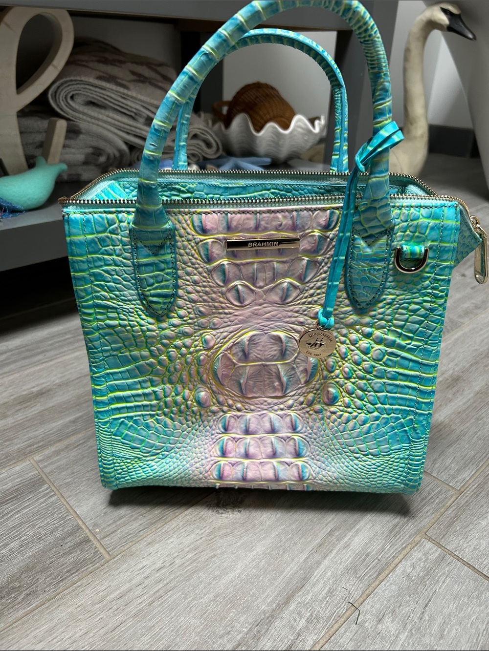 Brahmin Iridescent Teal and Pink Croc-Embossed Satchel mermaid color